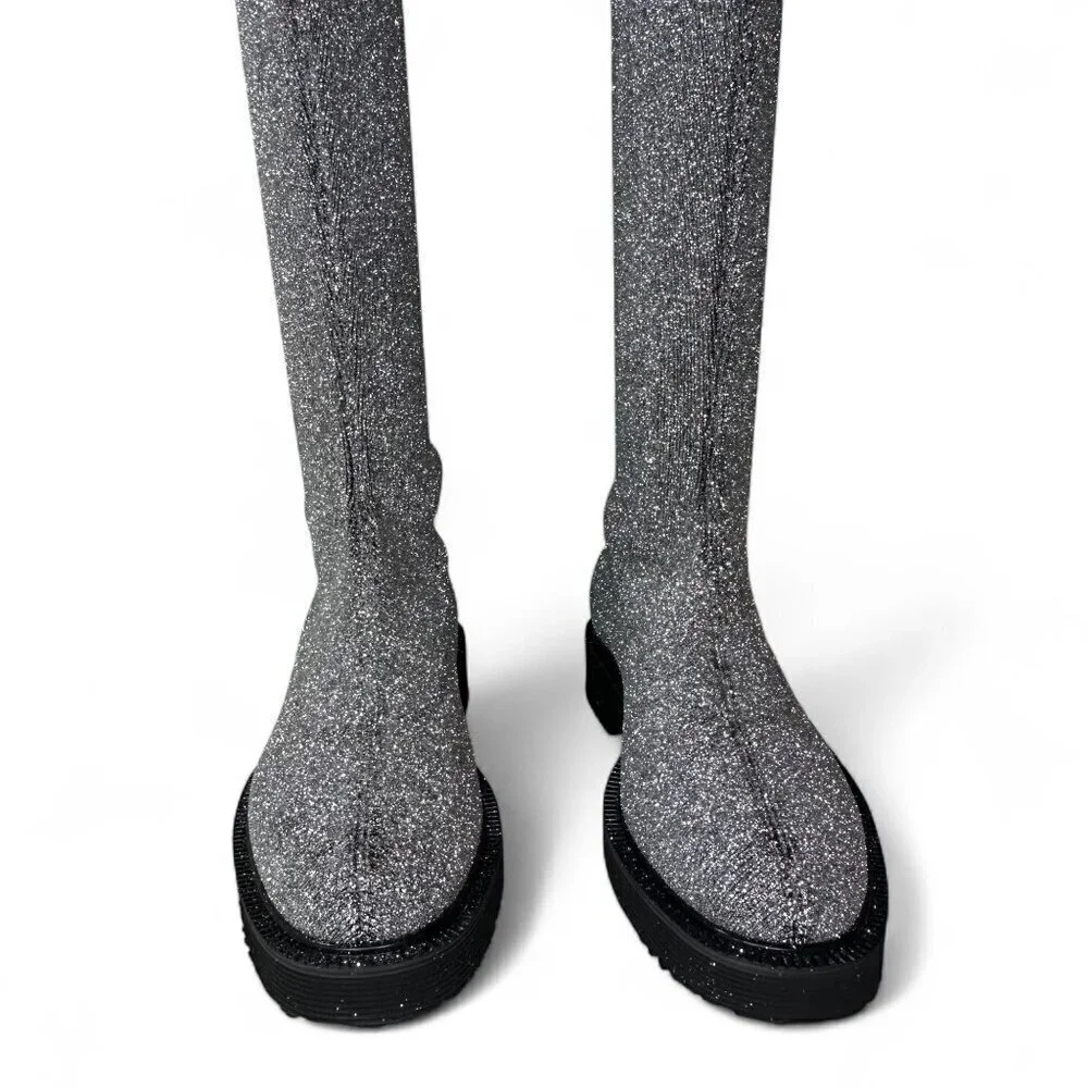 Giuseppe Zanotti Women's Silver Glitter Over-the-Knee Flat Boots Sz 37.5 NWOT